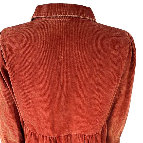 Umgee Babydoll Mini Dress Womens Size Large Corduroy Mineral Washed Pockets Rust - Picture 13 of 15